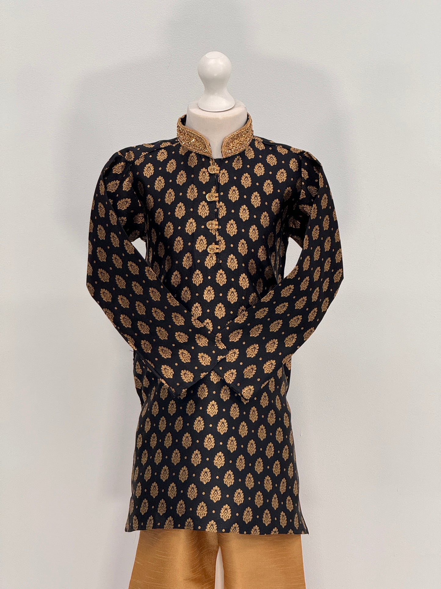 Boys Paisley Jamawar Kurta Pyjama Black Gold