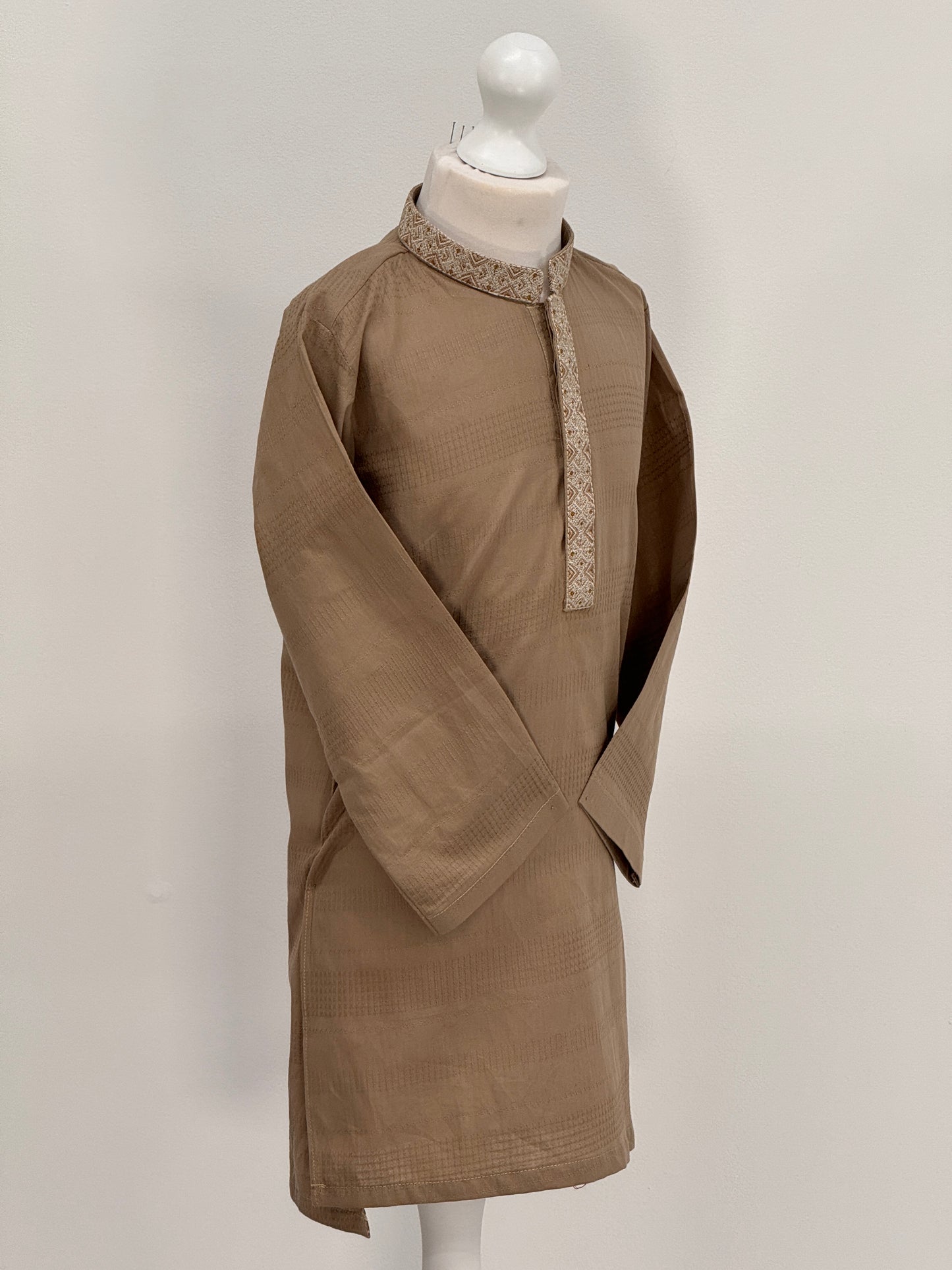 Boys Beige Kurta with Placket Embroidery