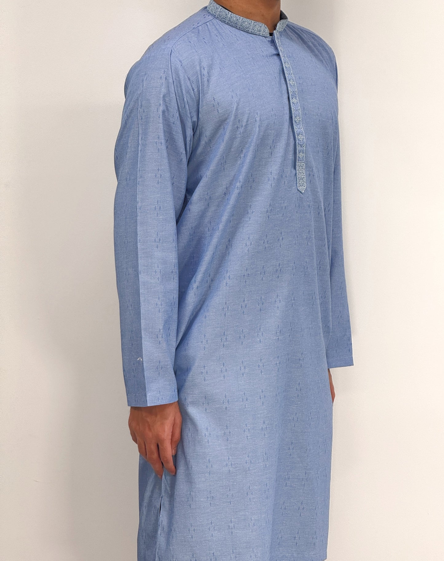 Men's Sky Blue Kurta with Placket Embroidery