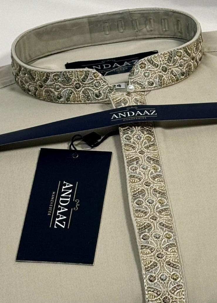 Boys Shalwar Kameez Beige 3 Placket Embroidery