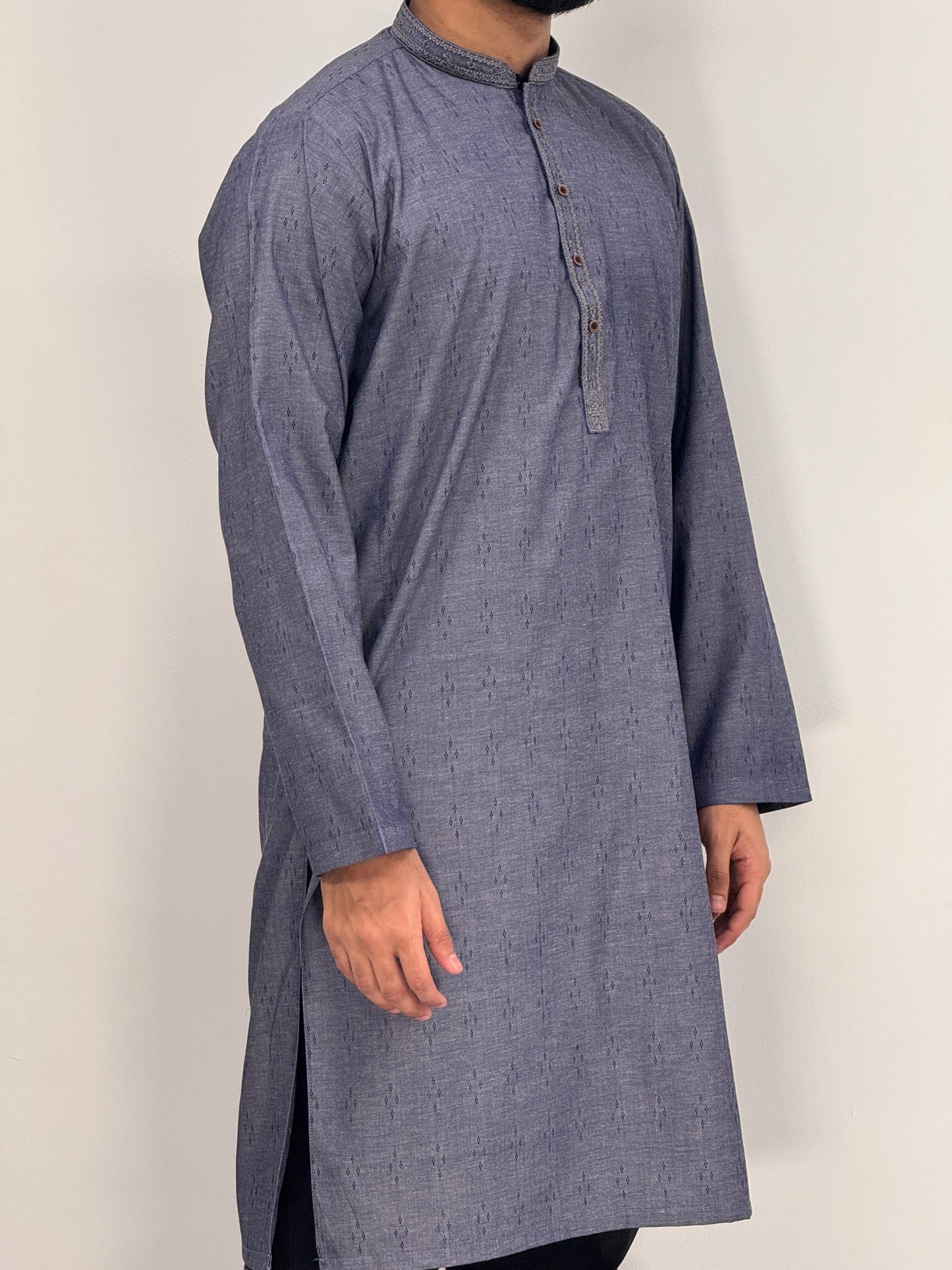 Men's Denim Kurta with Placket Embroidery
