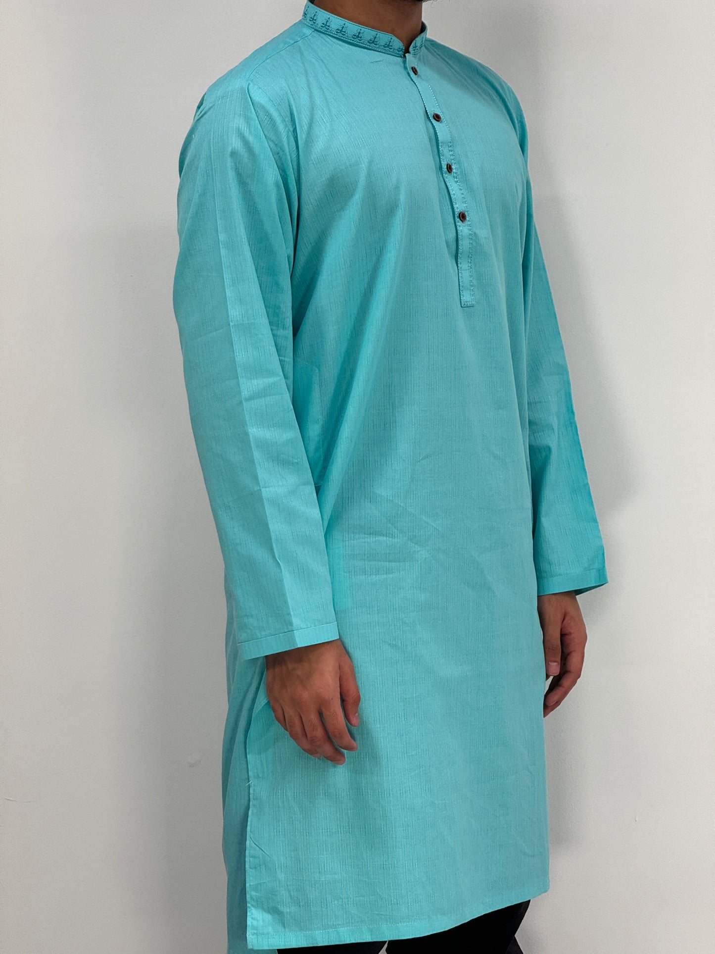 Men's Turquoise Kurta with Placket Embroidery