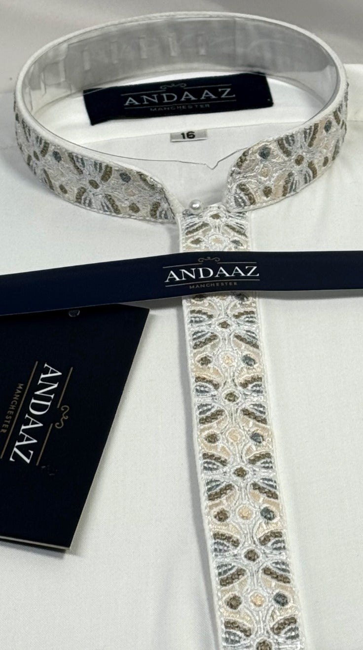 Boys Shalwar Kameez Off White Placket Embroidery
