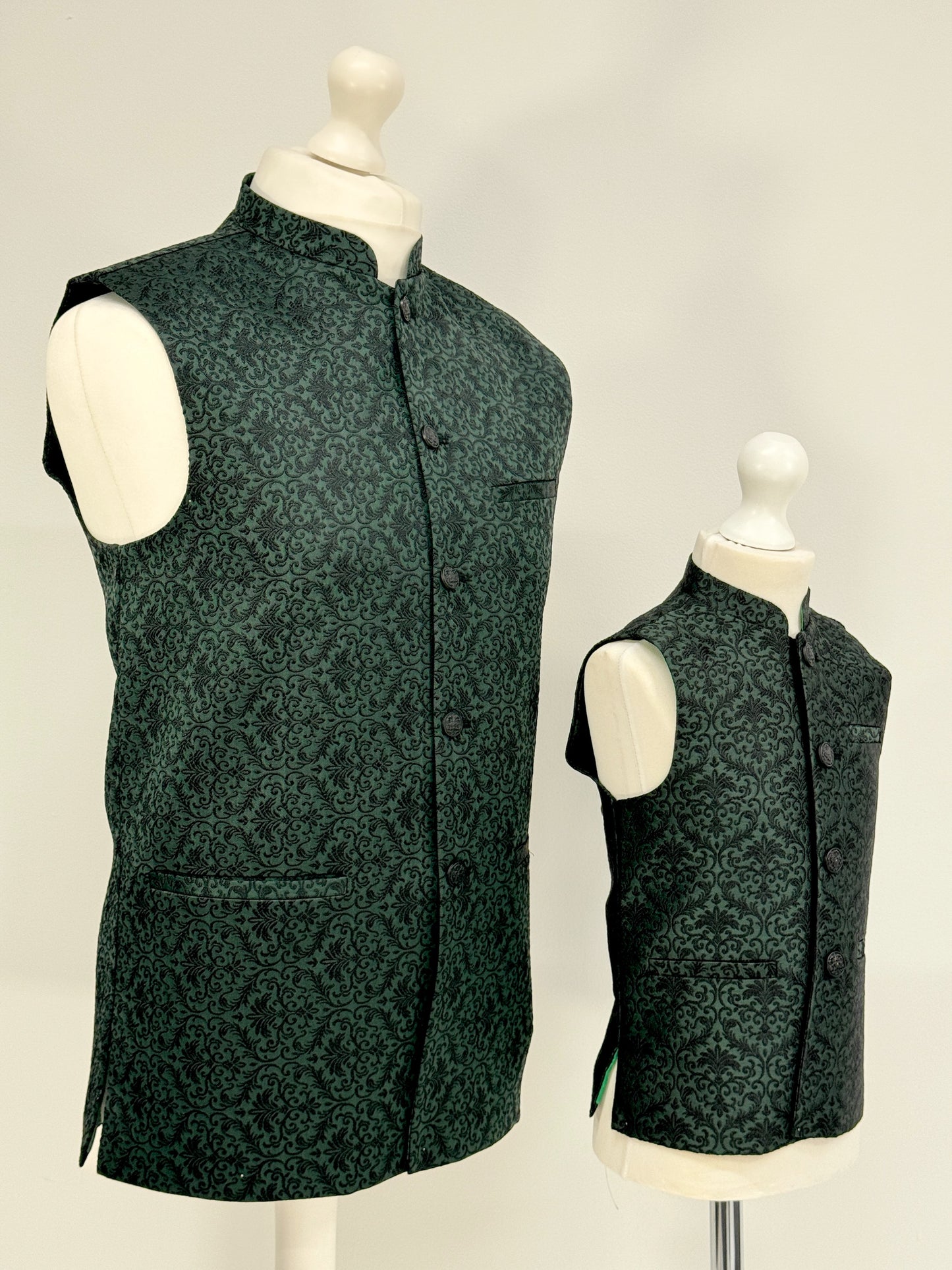 Boys Banarsi Green Black Waistcoat
