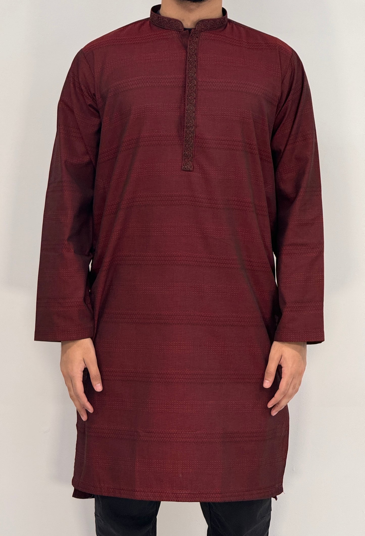 Men's Maroon 2 Kurta with Placket Embroidery
