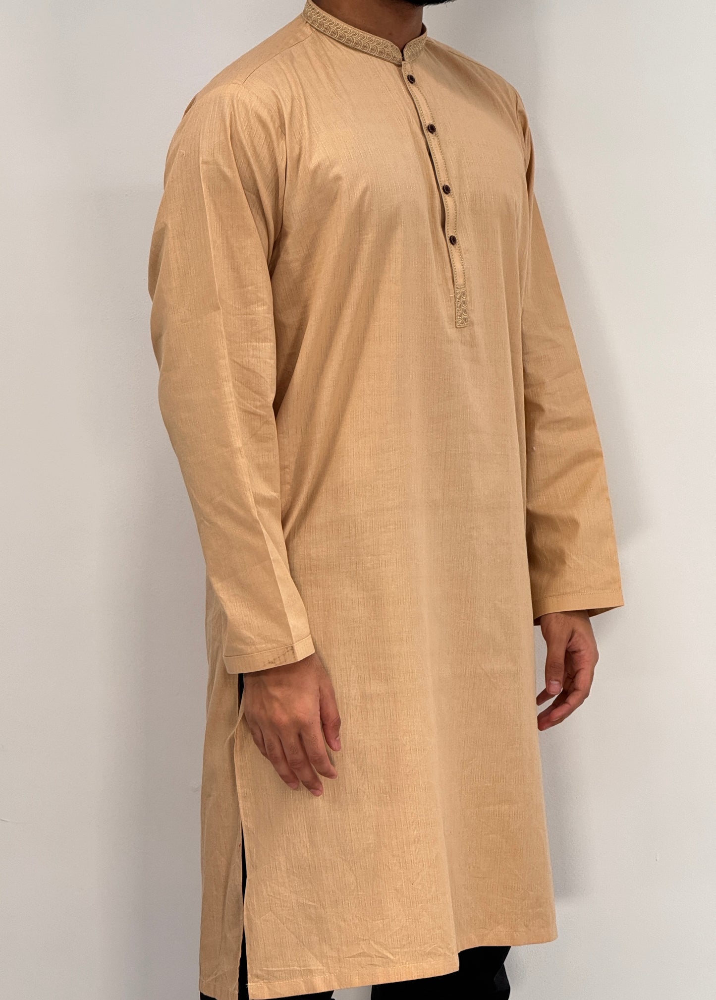 Men's Beige 1 Kurta with Placket Embroidery