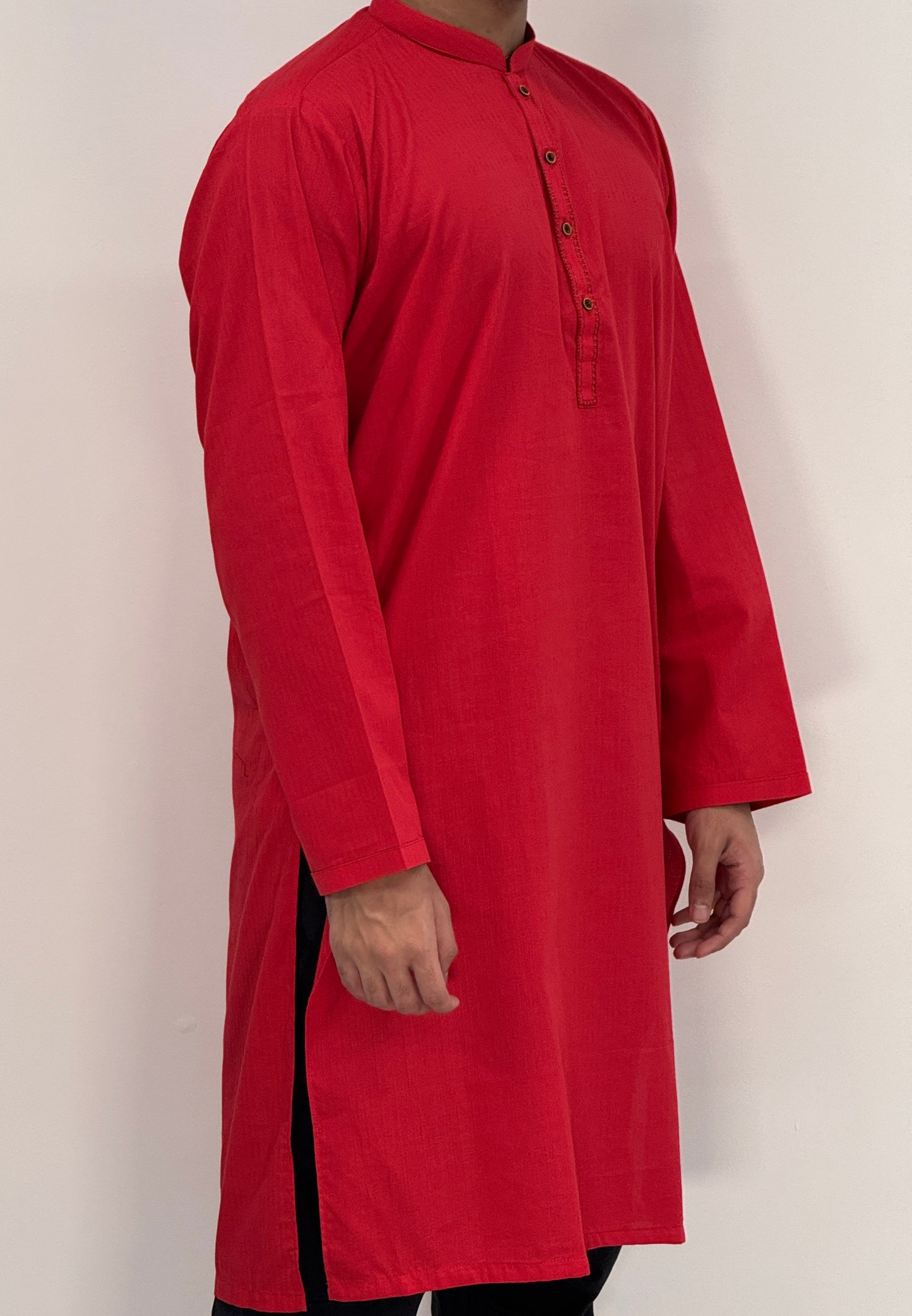 Men's Red Kurta with Placket Embroidery