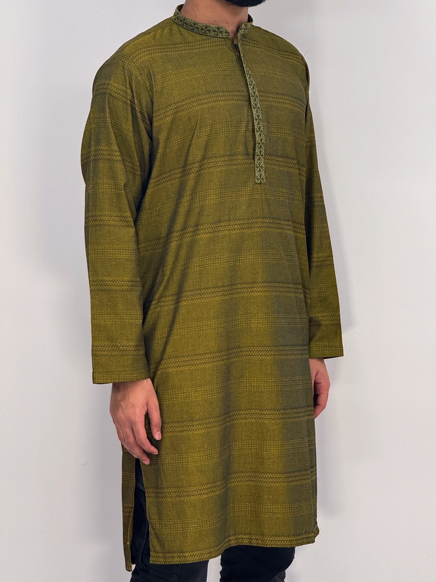 Men's Mehndi Green Kurta with Placket Embroidery