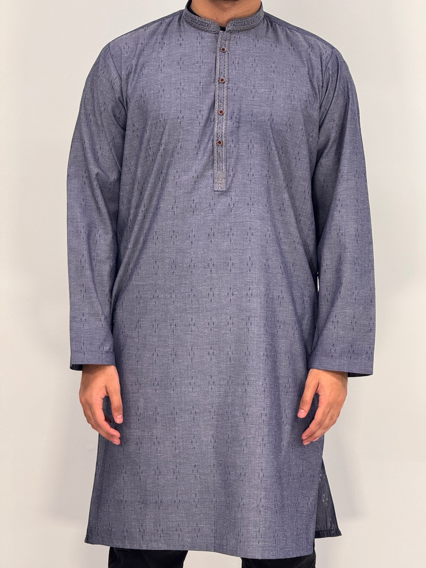 Men's Denim Kurta with Placket Embroidery