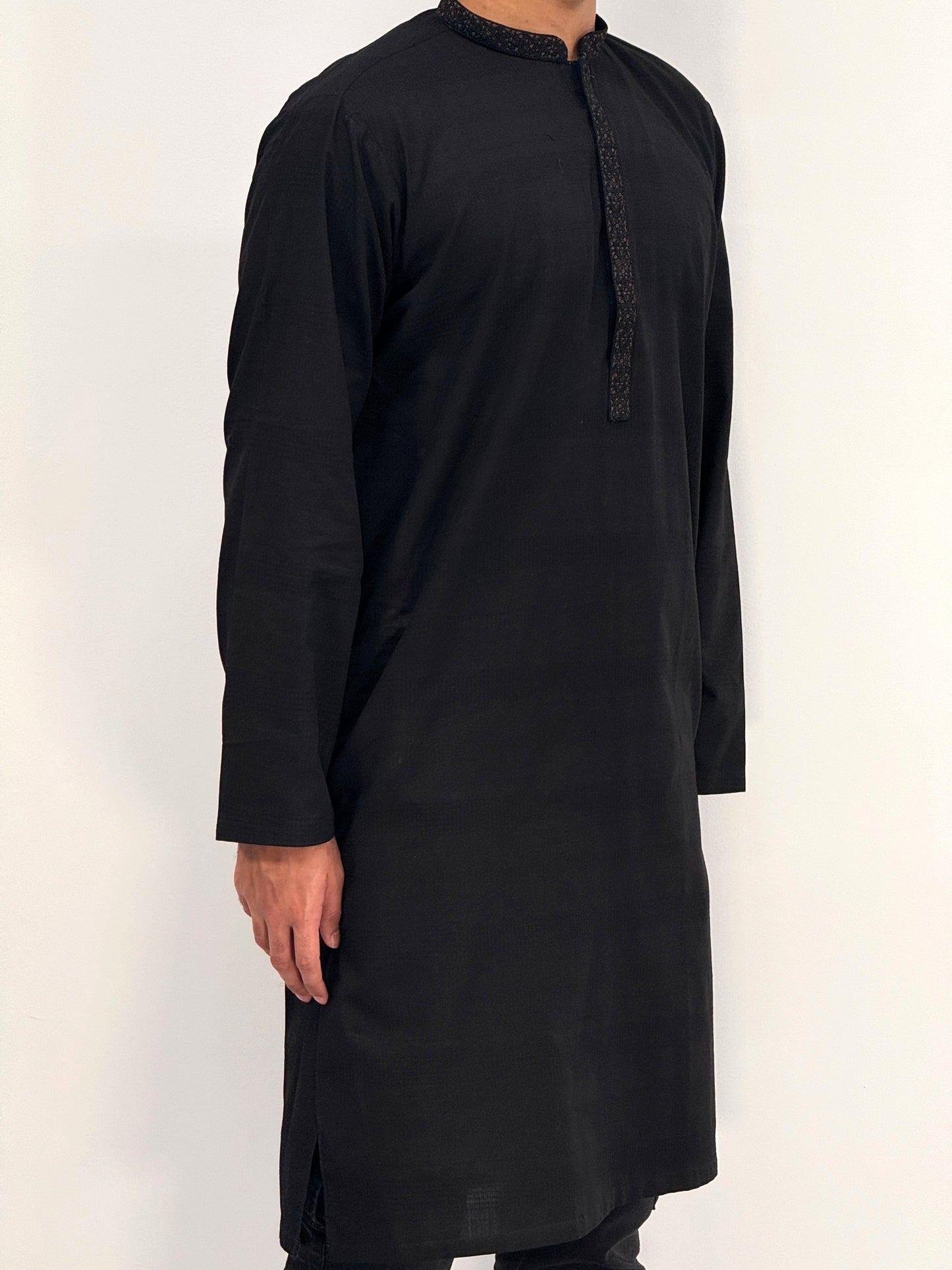 Men's Black Kurta with Placket Embroidery