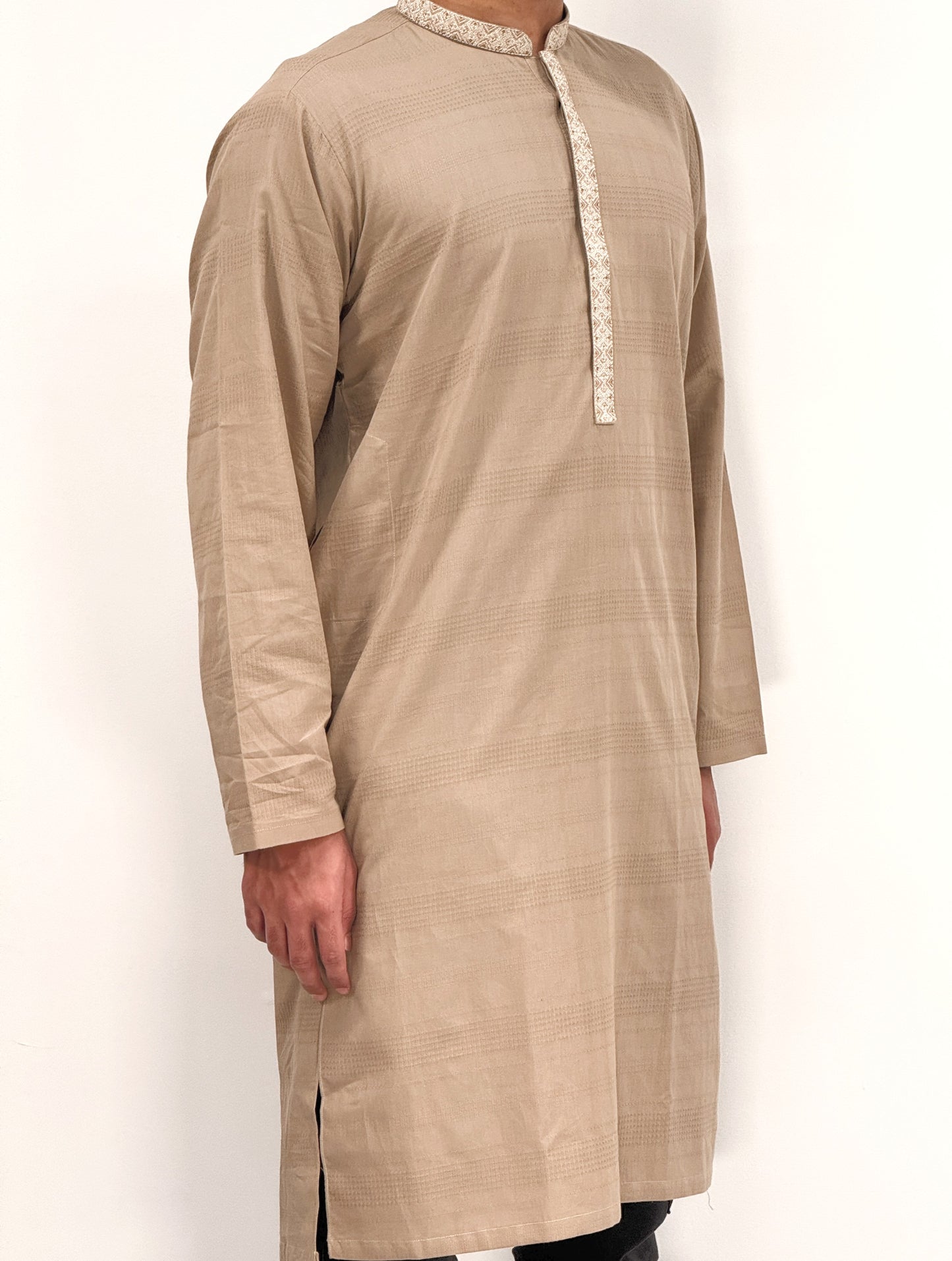 Men's Beige Kurta with Placket Embroidery