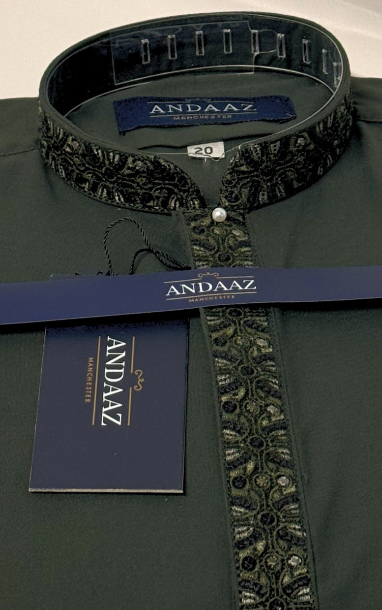 Boys Shalwar Kameez Forest Green Placket Embroidery