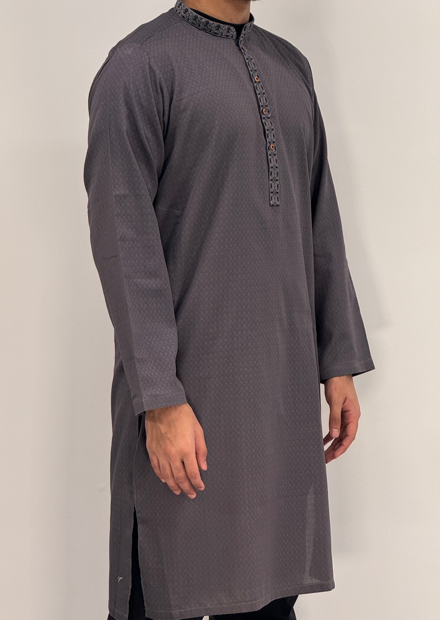 Men's Kurta Grey 4 with Placket Embroidery