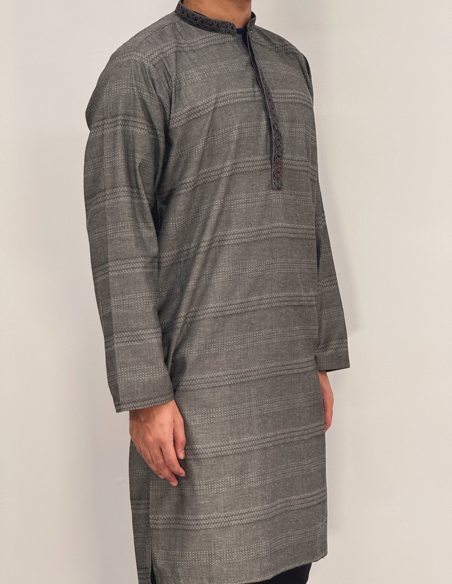 Men's Kurta Grey 2 with Placket Embroidery