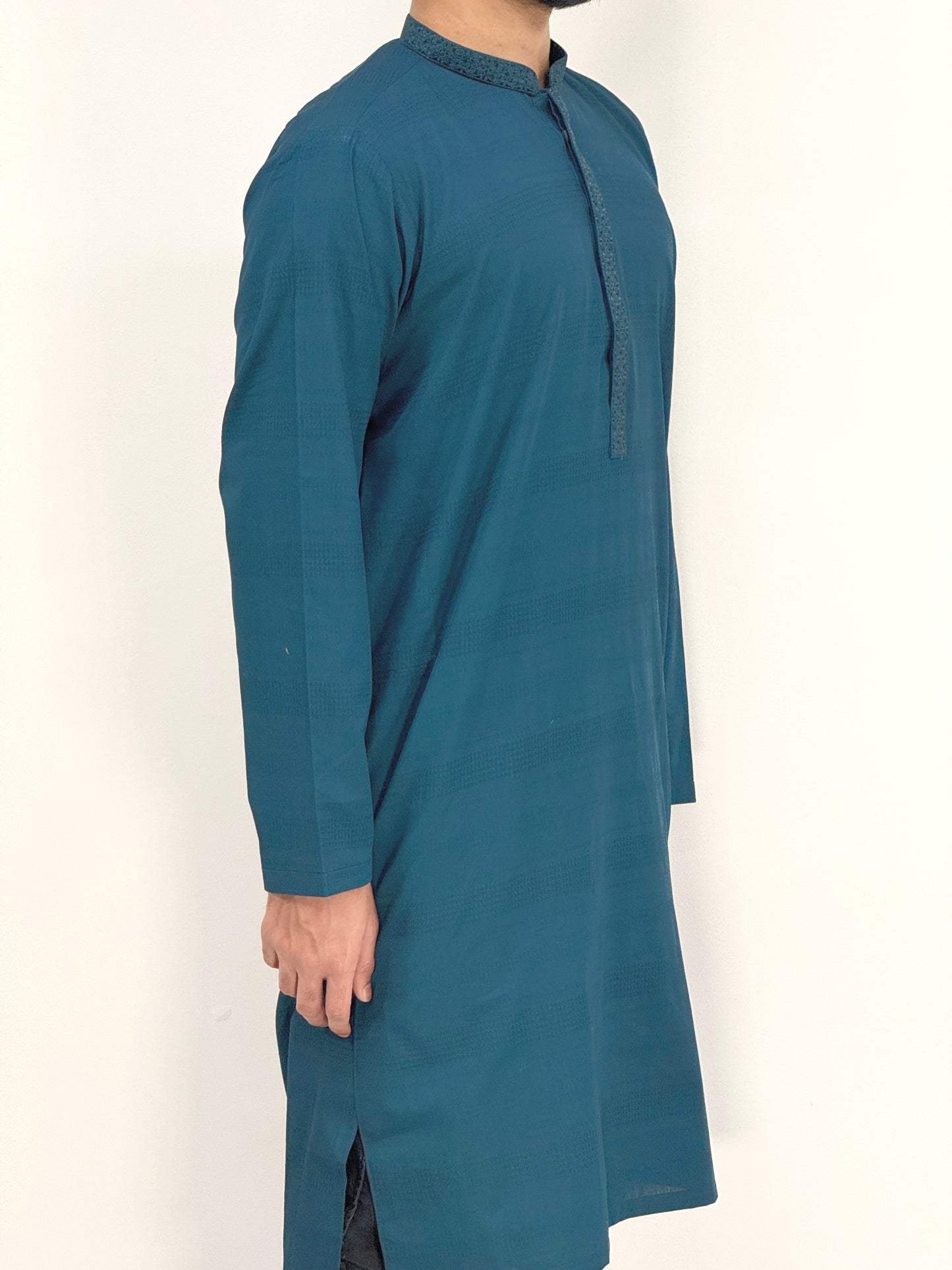 Boys Petrol Blue Kurta with Placket Embroidery