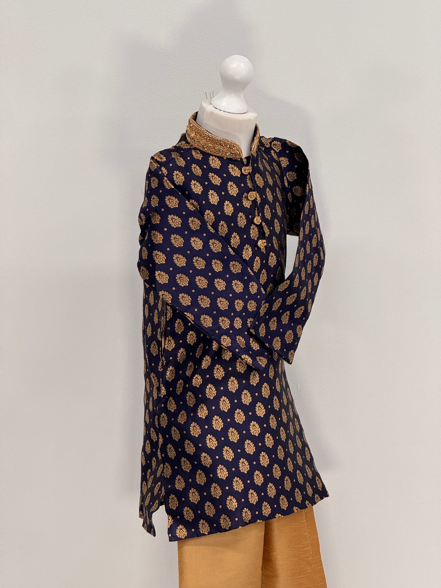 Boys Paisley Jamawar Kurta Pyjama Navy Gold