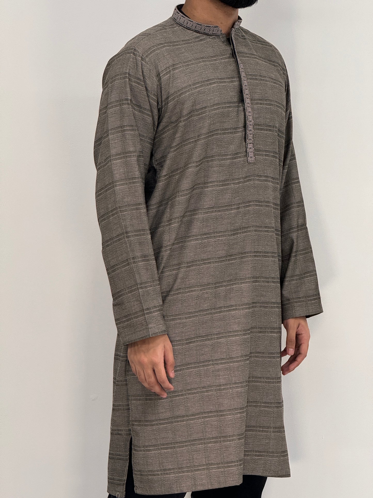 Men's Kurta Grey 3 with Placket Embroidery