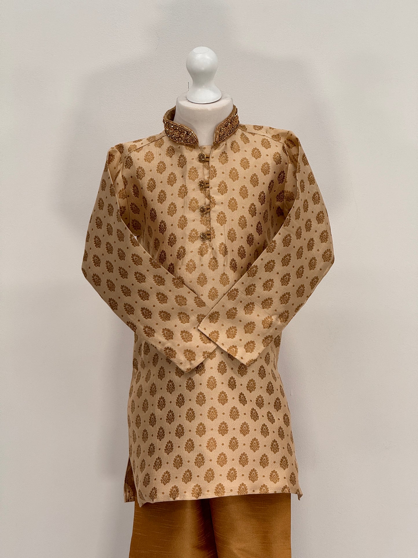 Boys Paisley Jamawar Kurta Pyjama Beige Gold