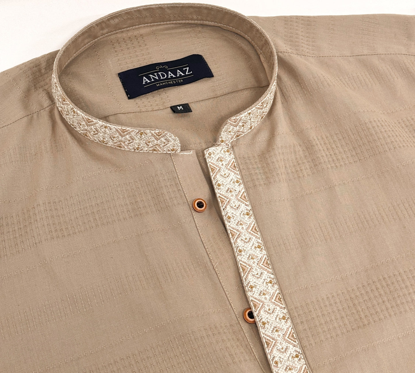 Men's Beige Kurta with Placket Embroidery