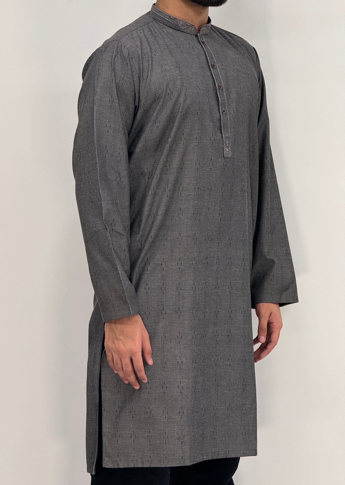 Men's Grey 5 Kurta with Placket Embroidery