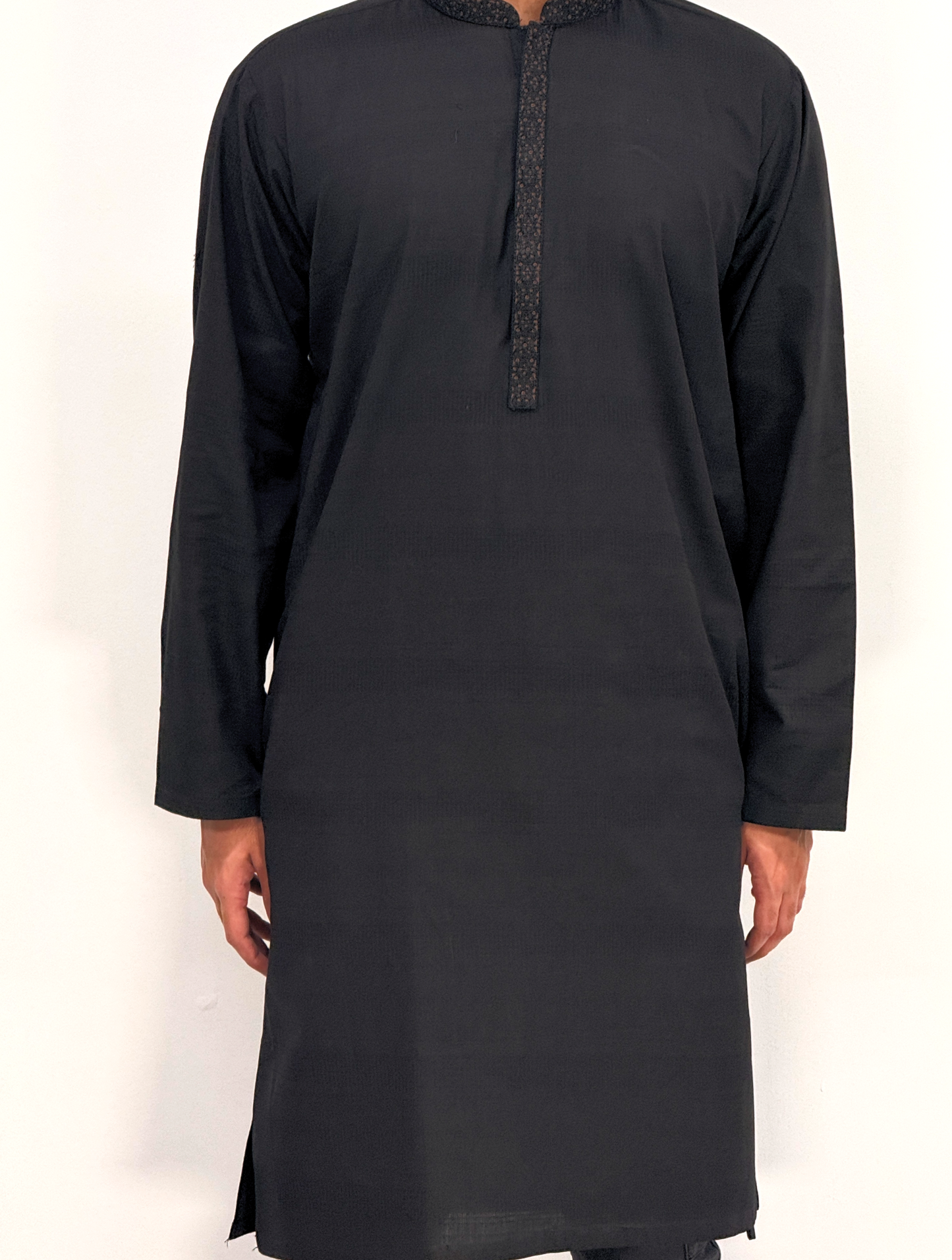 Men's Black Kurta with Placket Embroidery