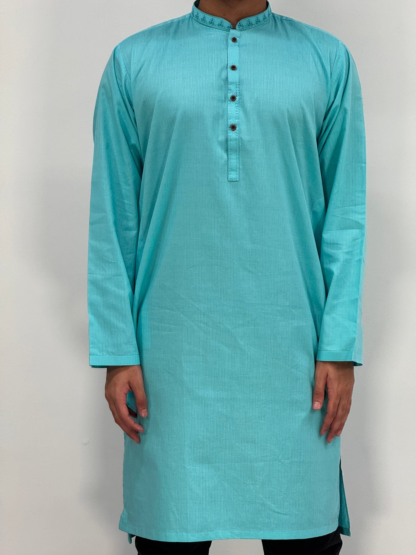 Men's Turquoise Kurta with Placket Embroidery