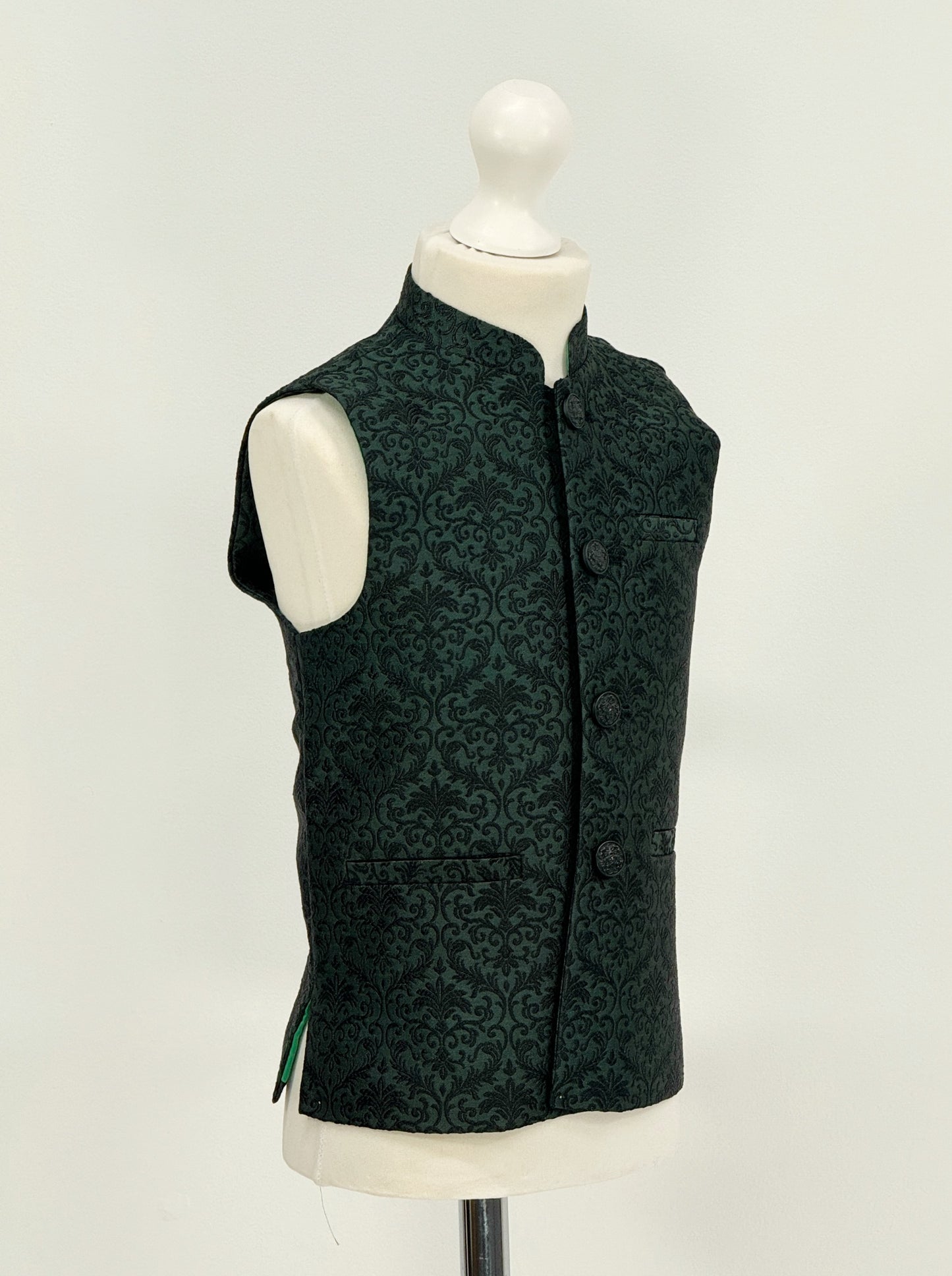 Boys Banarsi Green Black Waistcoat