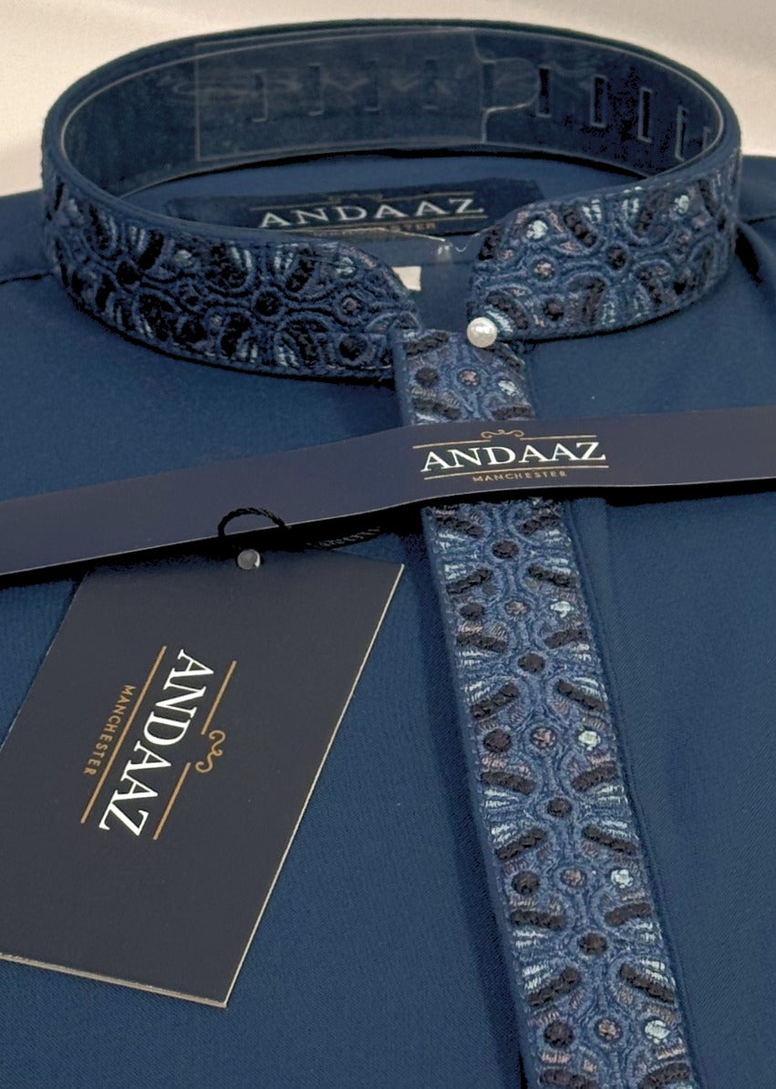 Boys Shalwar Kameez Petrol Blue Placket Embroidery