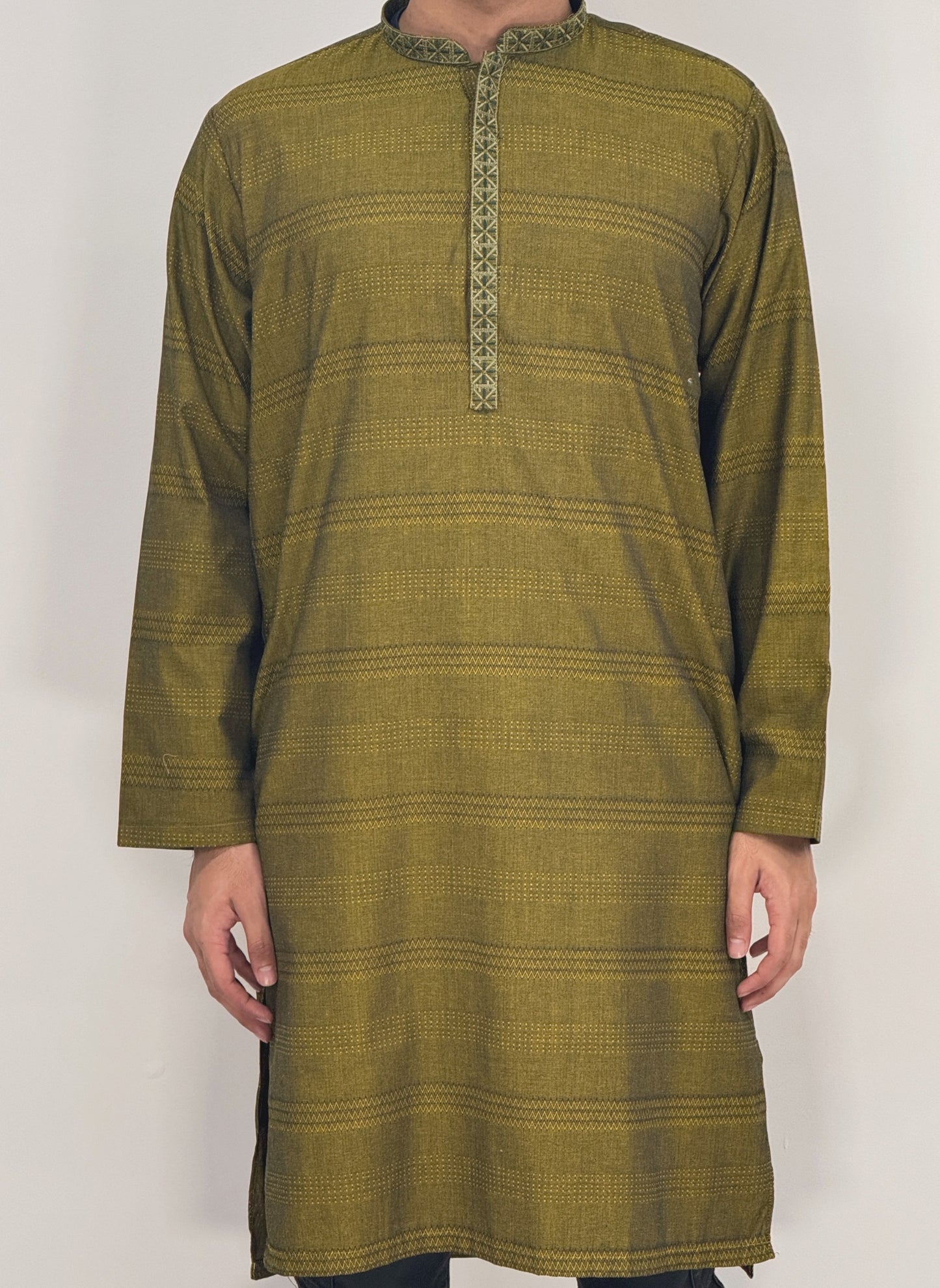 Men's Mehndi Green Kurta with Placket Embroidery