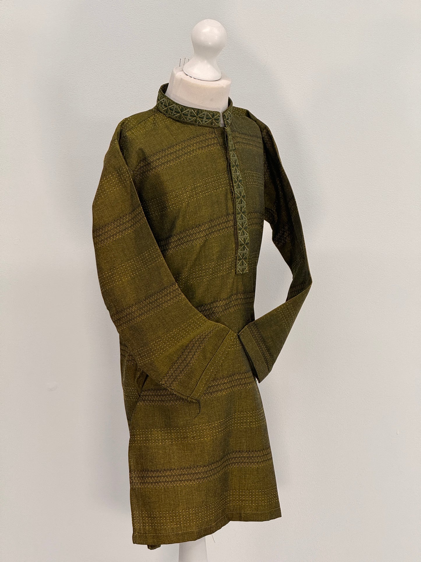 Boys Mehndi Green Kurta with Placket Embroidery