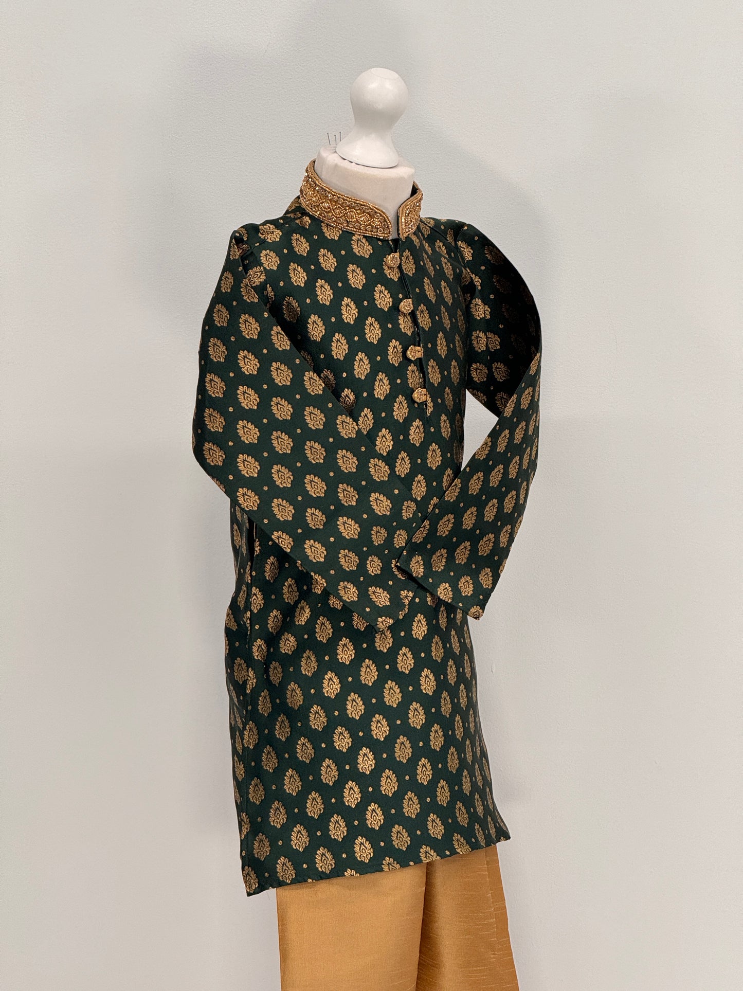 Boys Paisley Jamawar Kurta Pyjama Bottle Green Gold