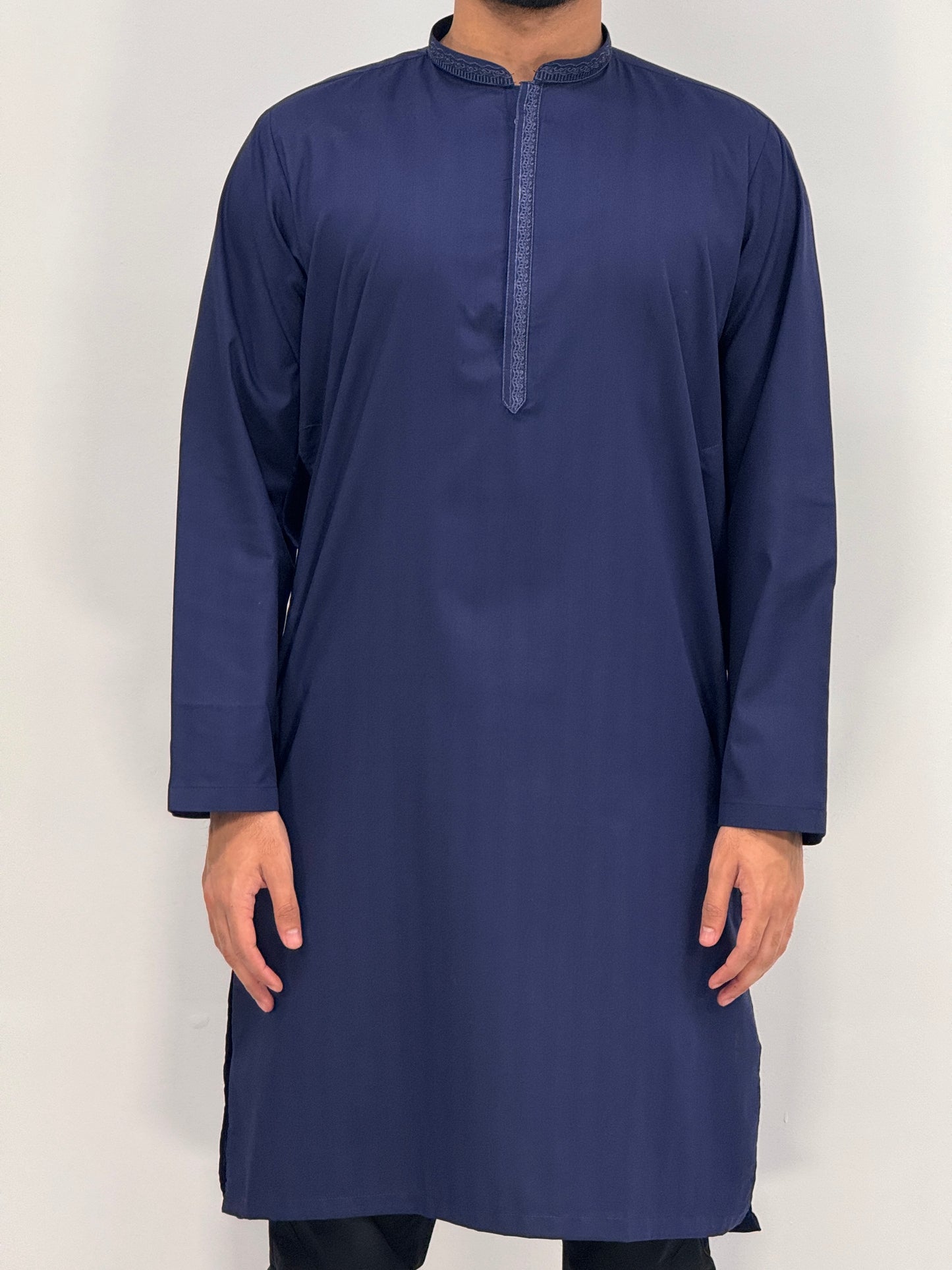Men's Navy 5 Kurta with Placket Embroidery