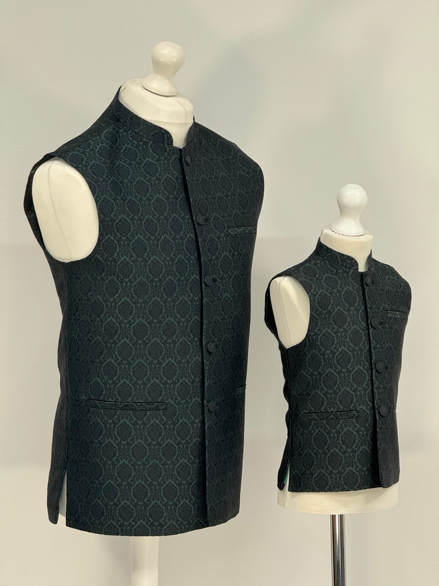 Boys Banarsi Green Black Diamond Waistcoat