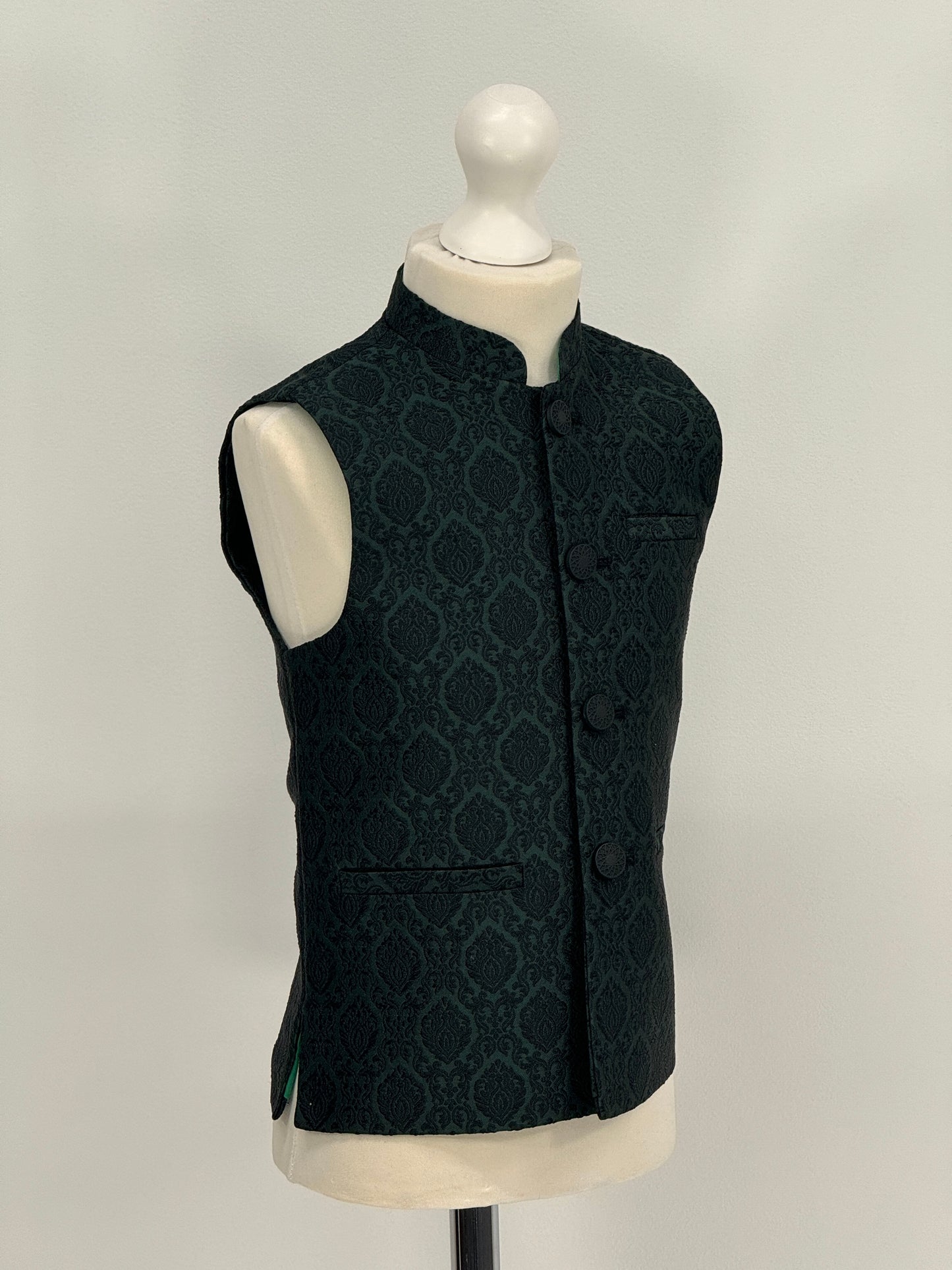 Boys Banarsi Green Black Diamond Waistcoat