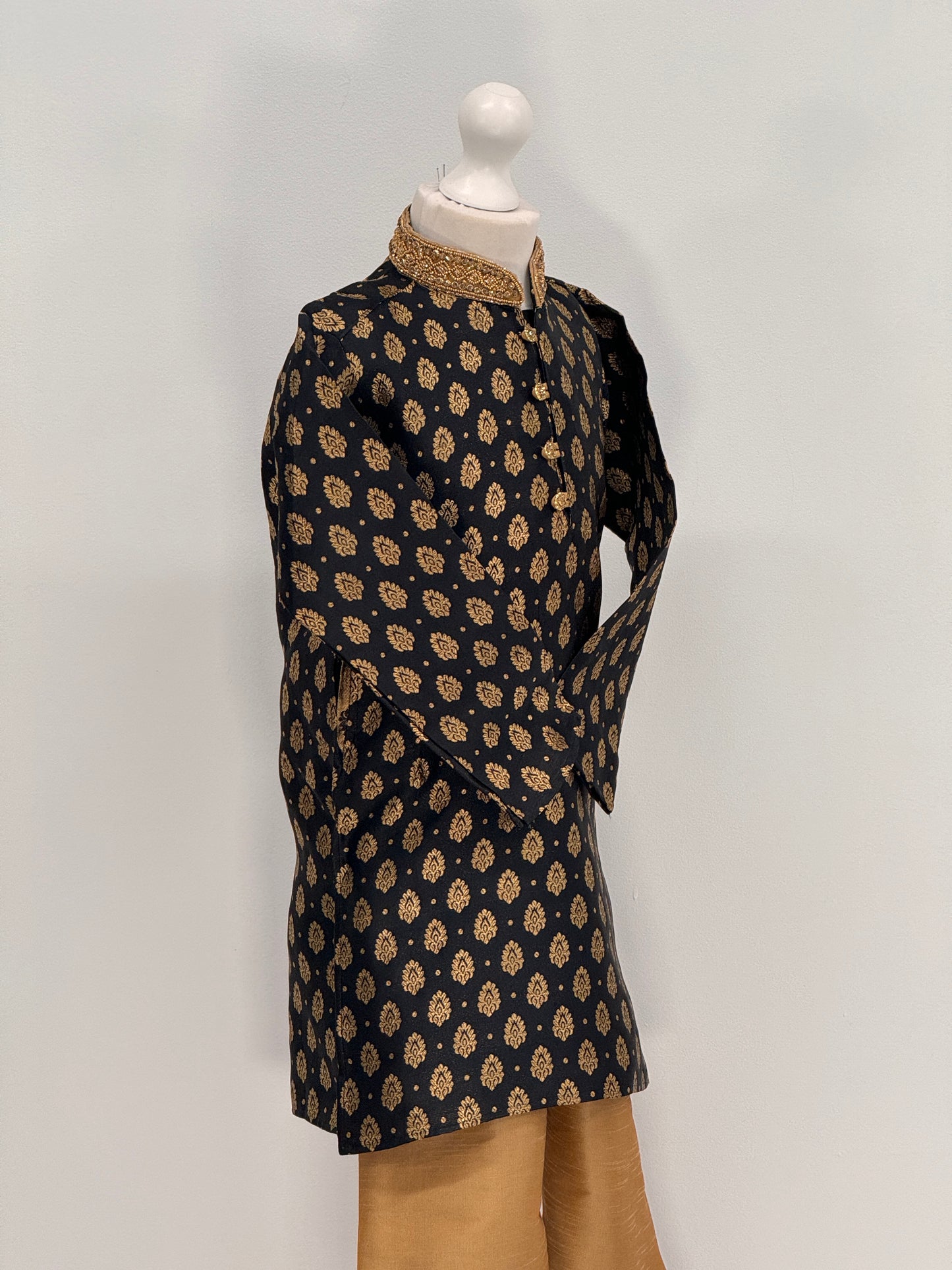 Boys Paisley Jamawar Kurta Pyjama Black Gold