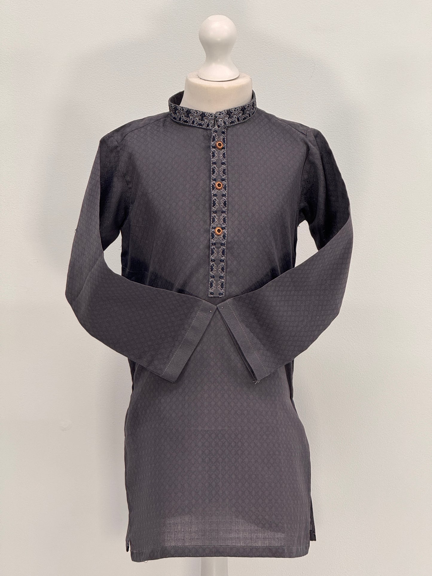 Boys Grey 4 Kurta with Placket Embroidery