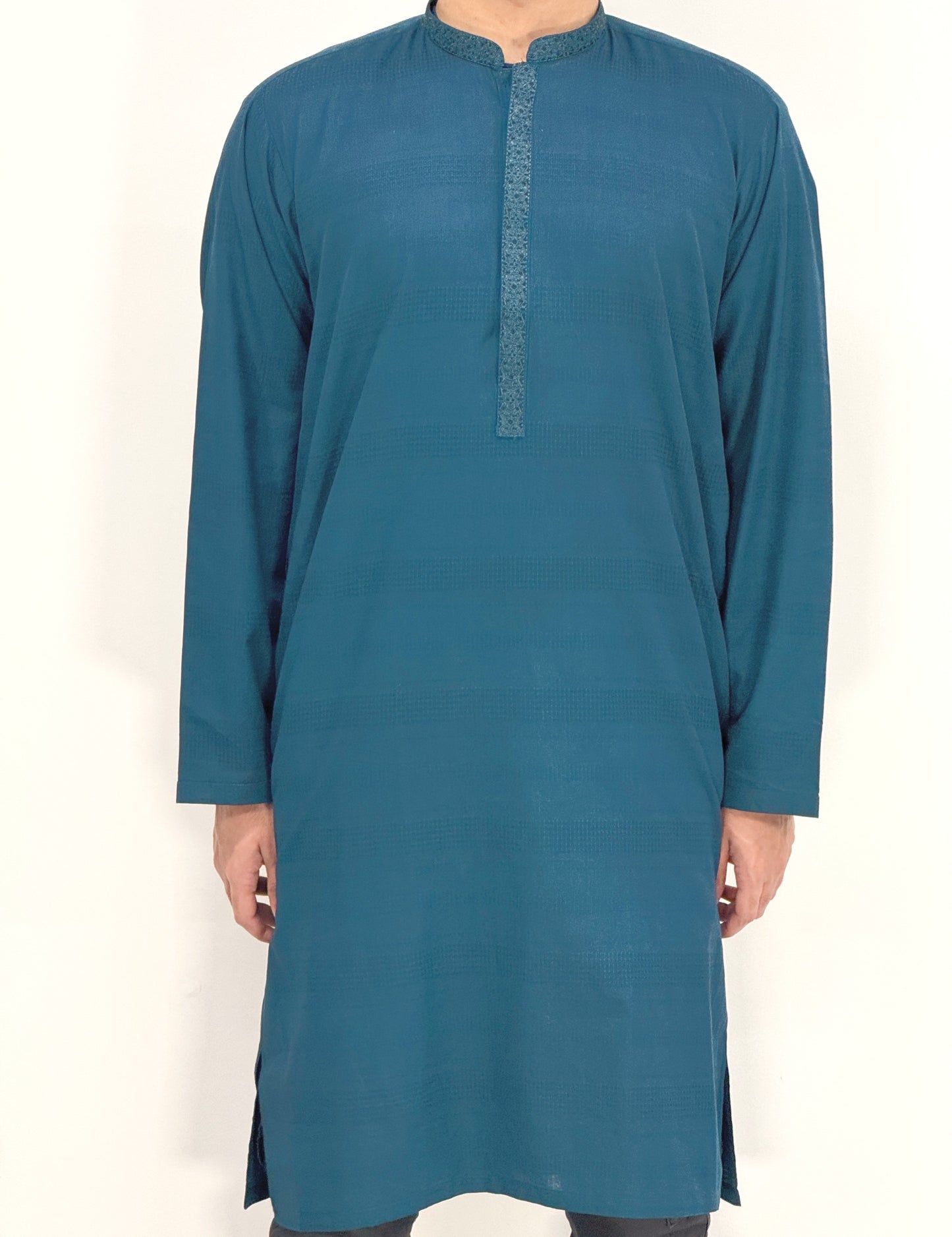 Men's Petrol Blue Kurta with Placket Embroidery