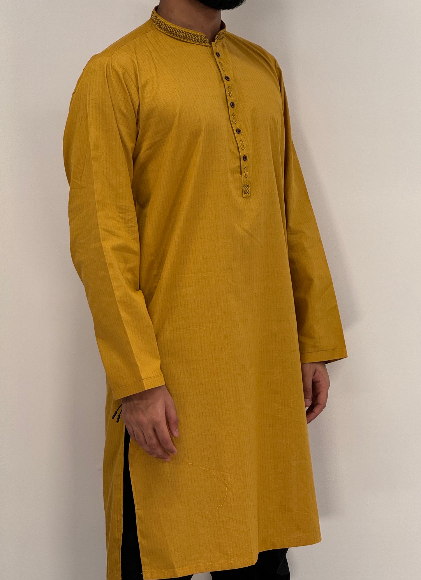 Men's Mustard Kurta with Placket Embroidery