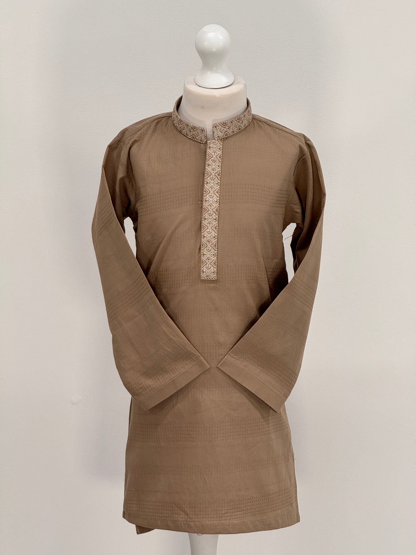 Boys Beige Kurta with Placket Embroidery