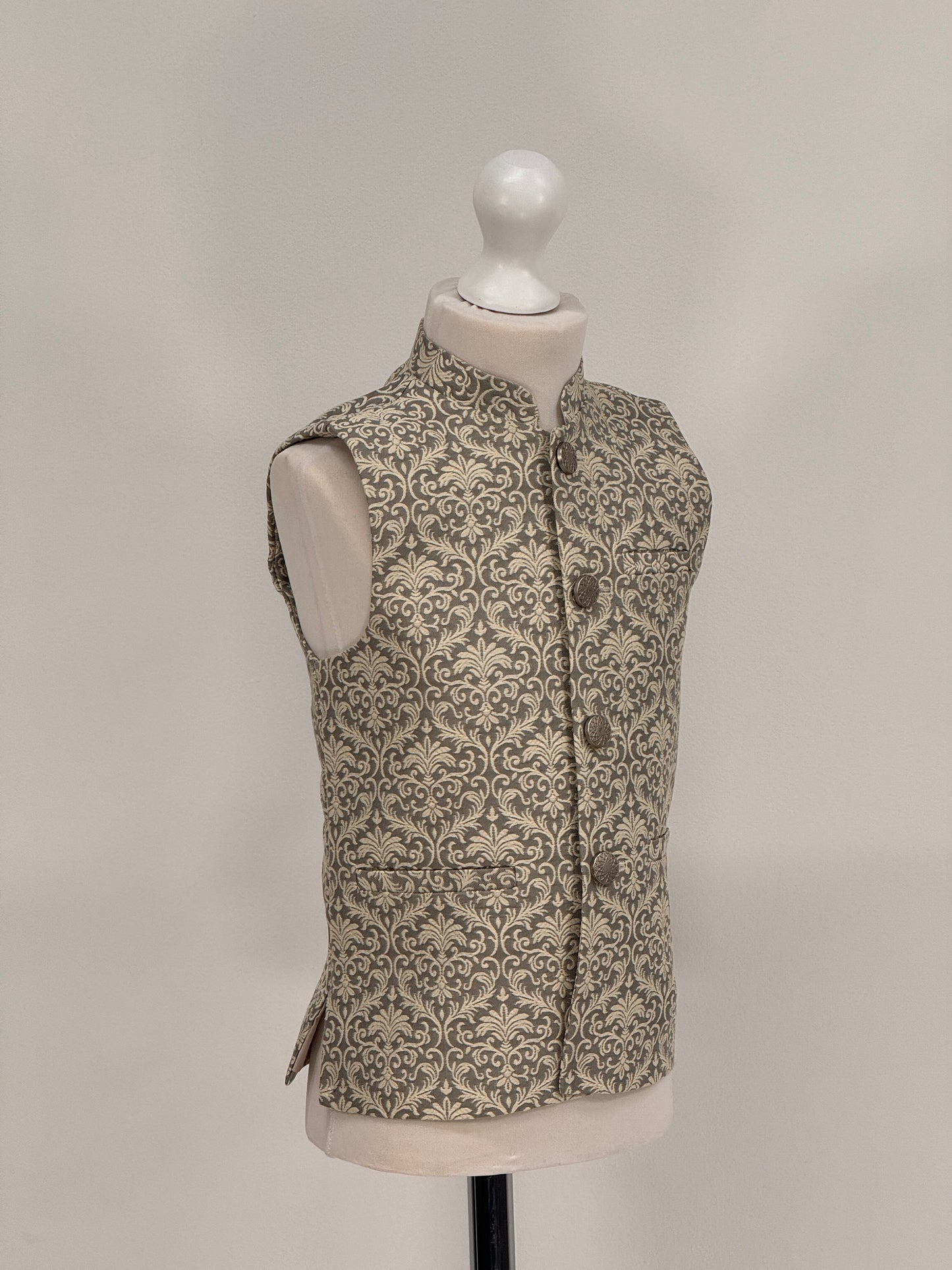 Boys Banarsi Grey Cream Waistcoat