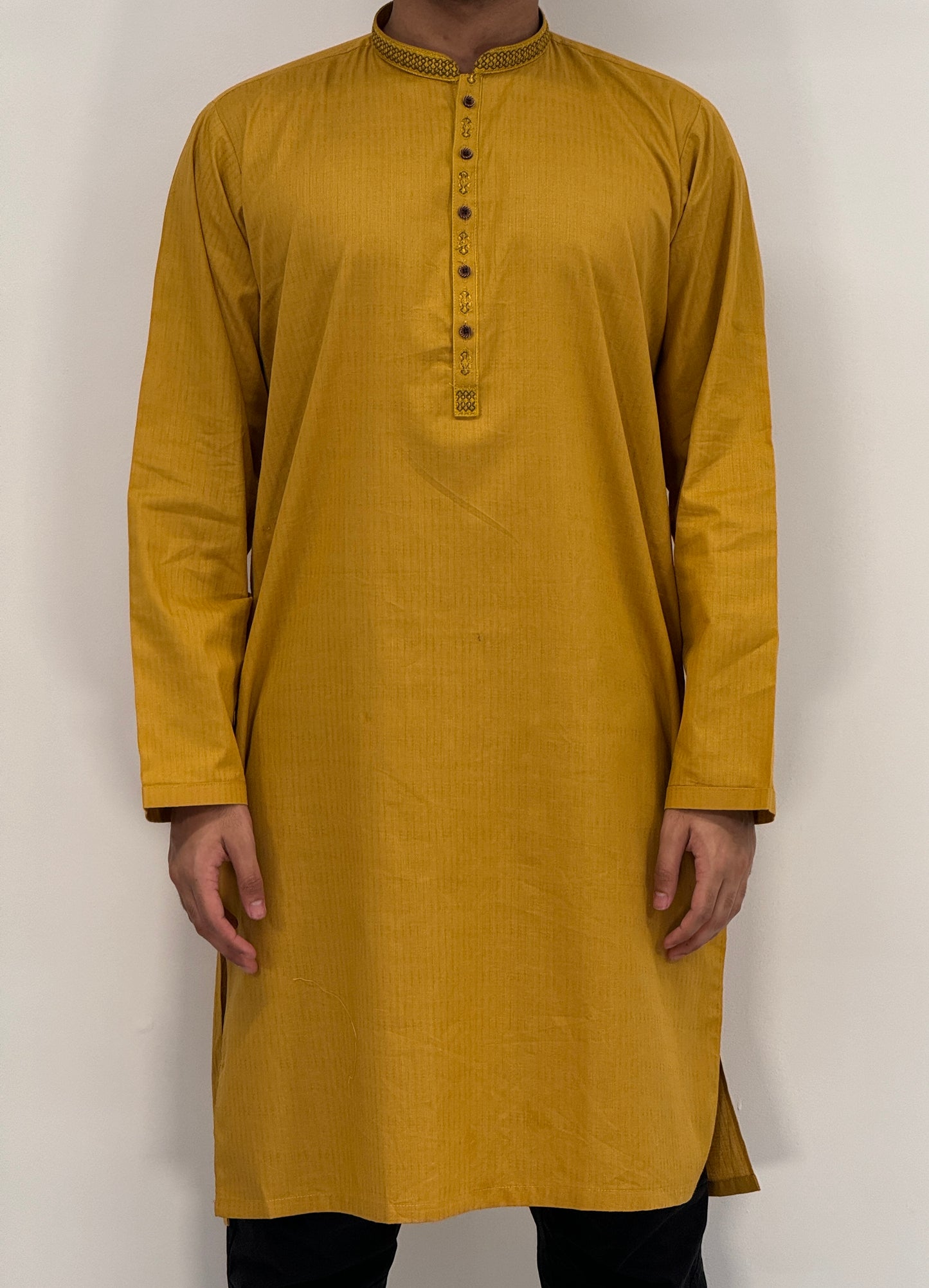 Men's Mustard Kurta with Placket Embroidery