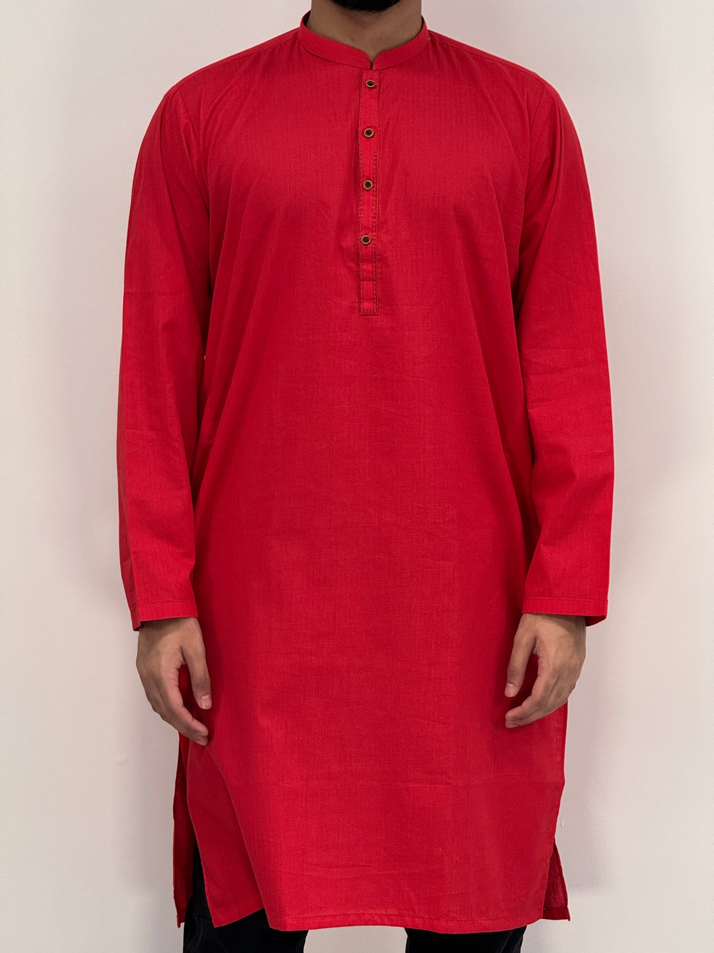 Men's Red Kurta with Placket Embroidery