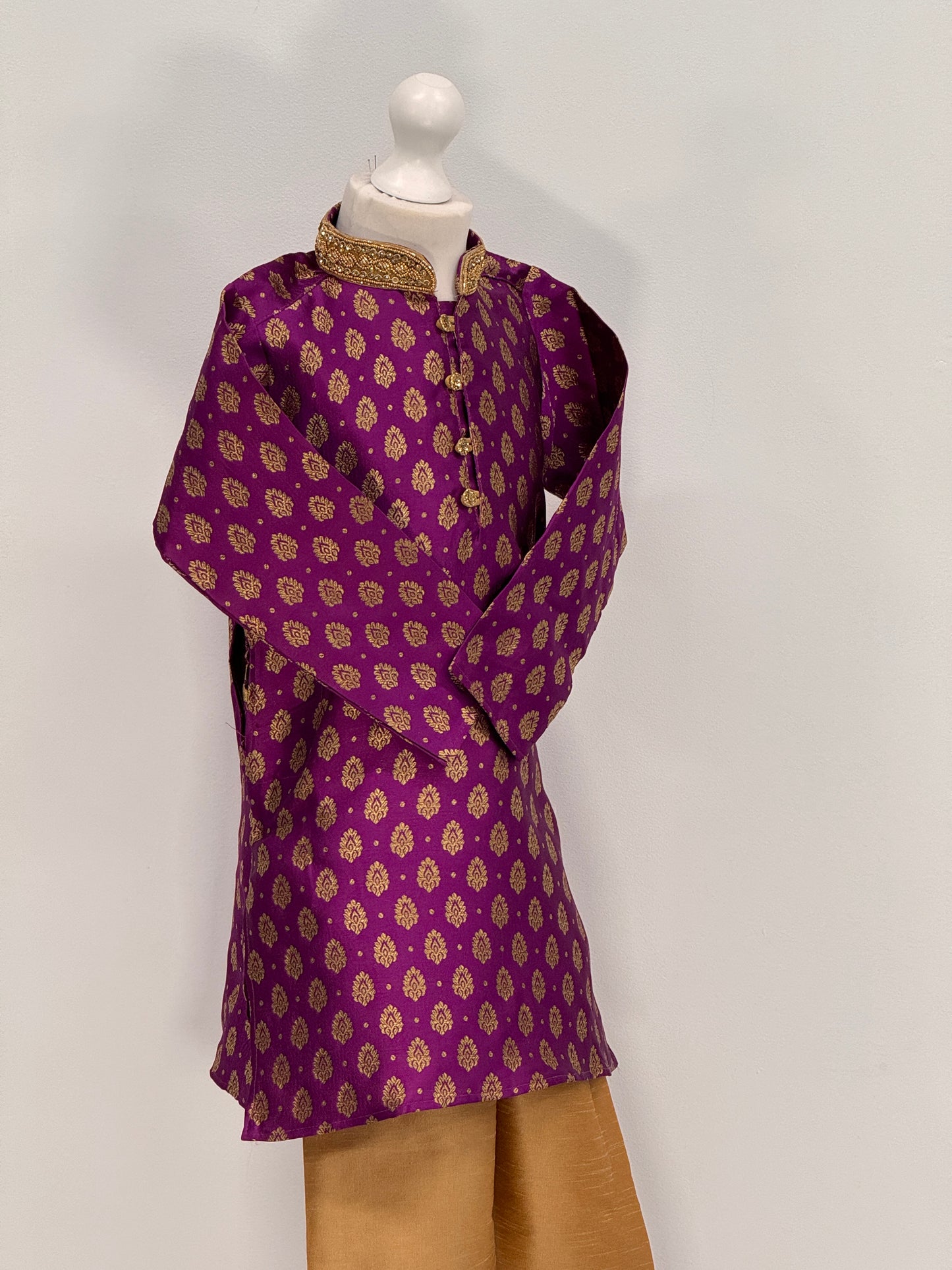 Boys Paisley Jamawar Kurta Pyjama Purple Gold