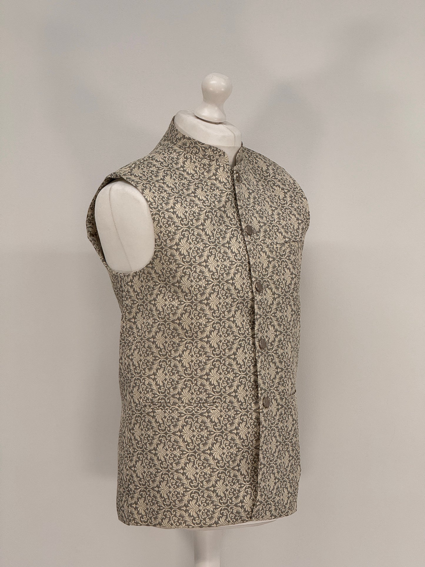 Men's Banarsi Grey Cream Waistcoat