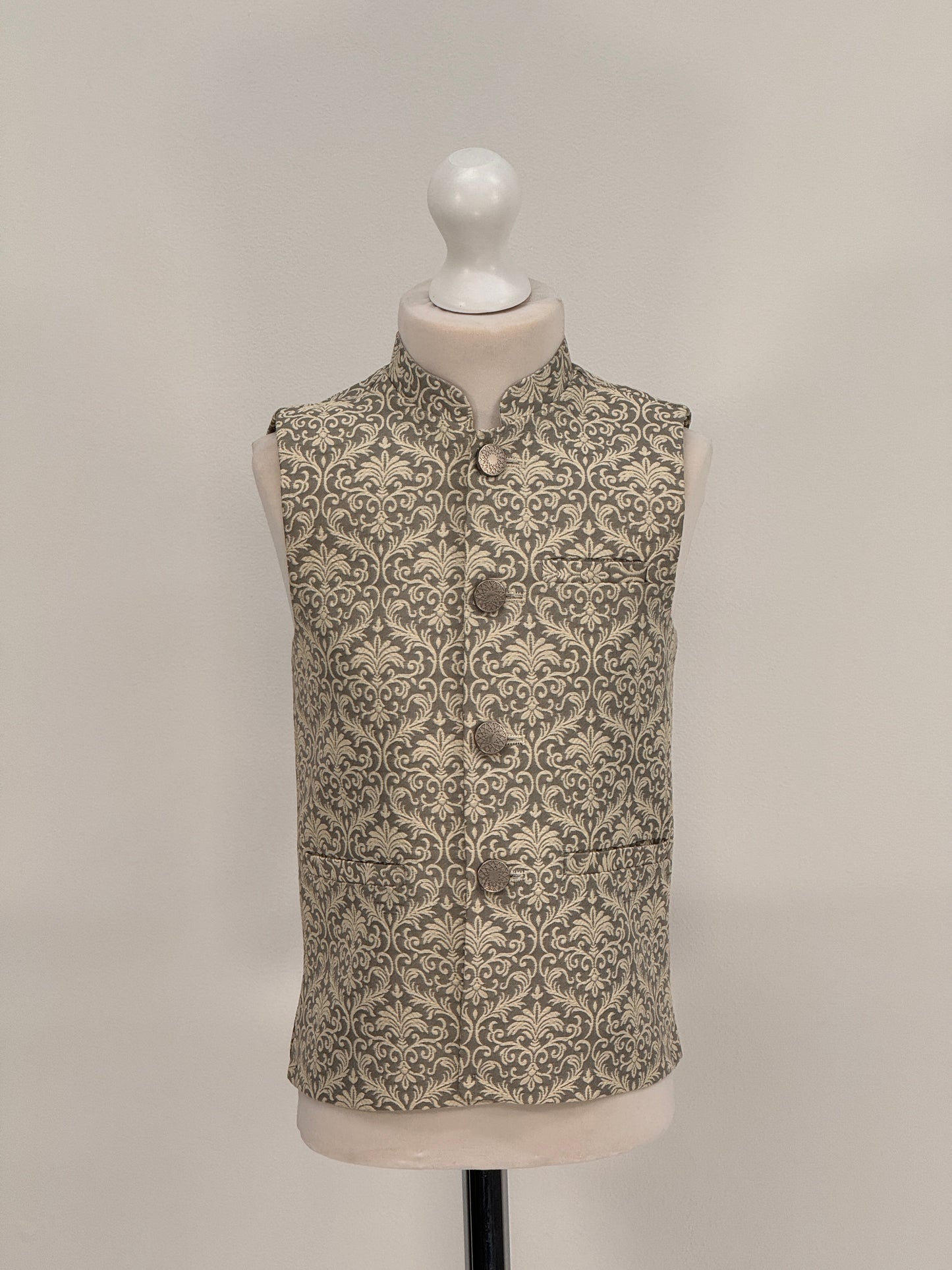 Boys Banarsi Grey Cream Waistcoat