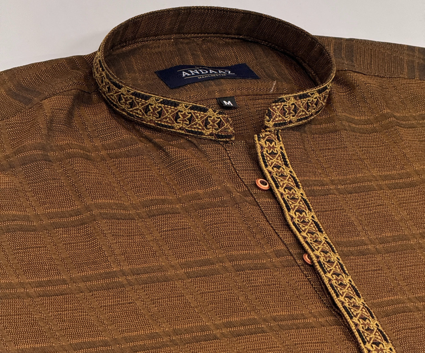 Men's Light Brown Kurta with Placket Embroidery
