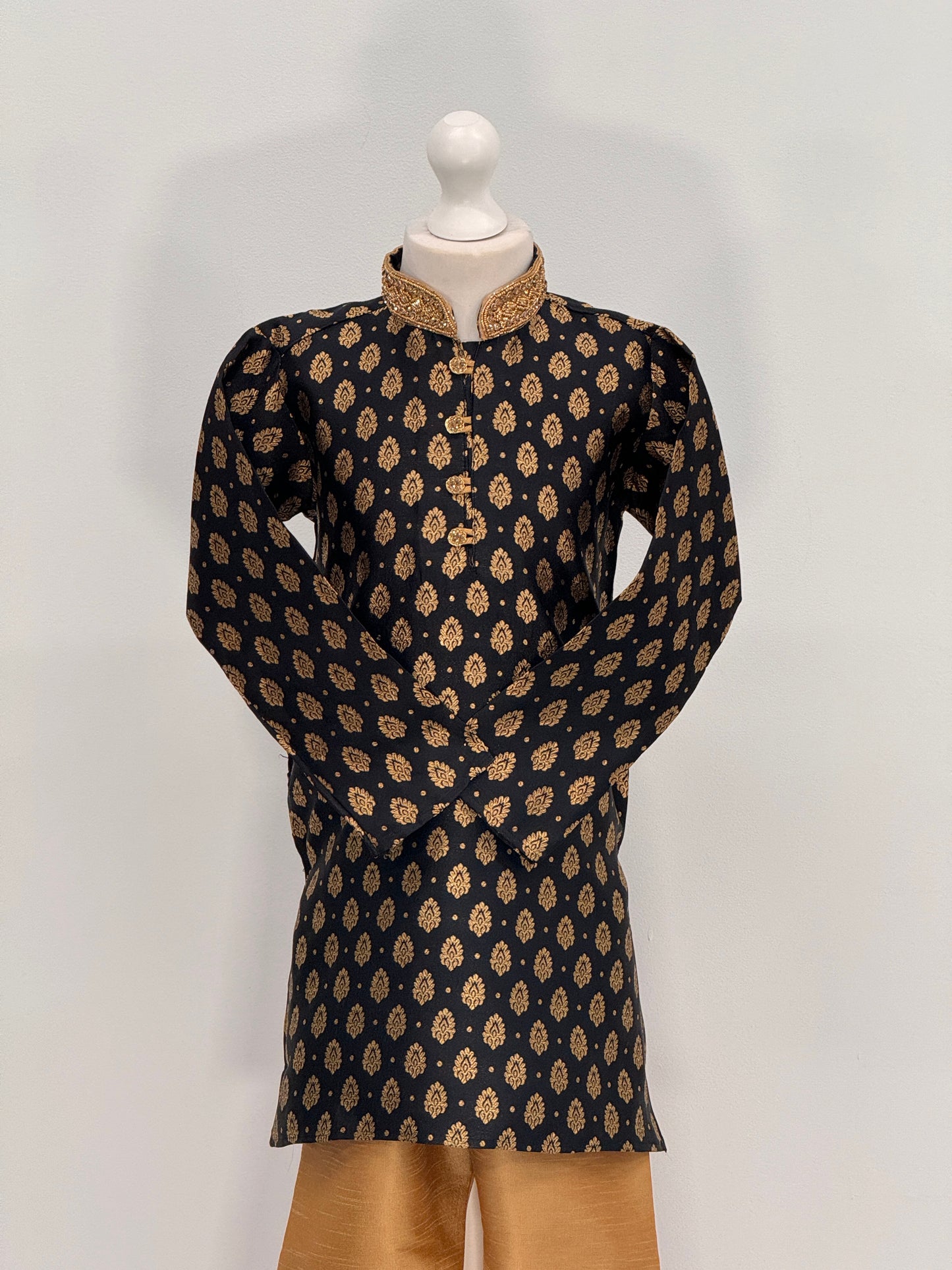 Boys Paisley Jamawar Kurta Pyjama Black Gold