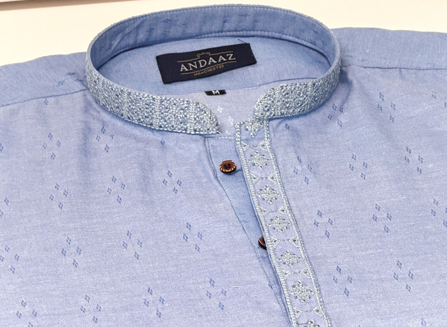 Men's Sky Blue Kurta with Placket Embroidery