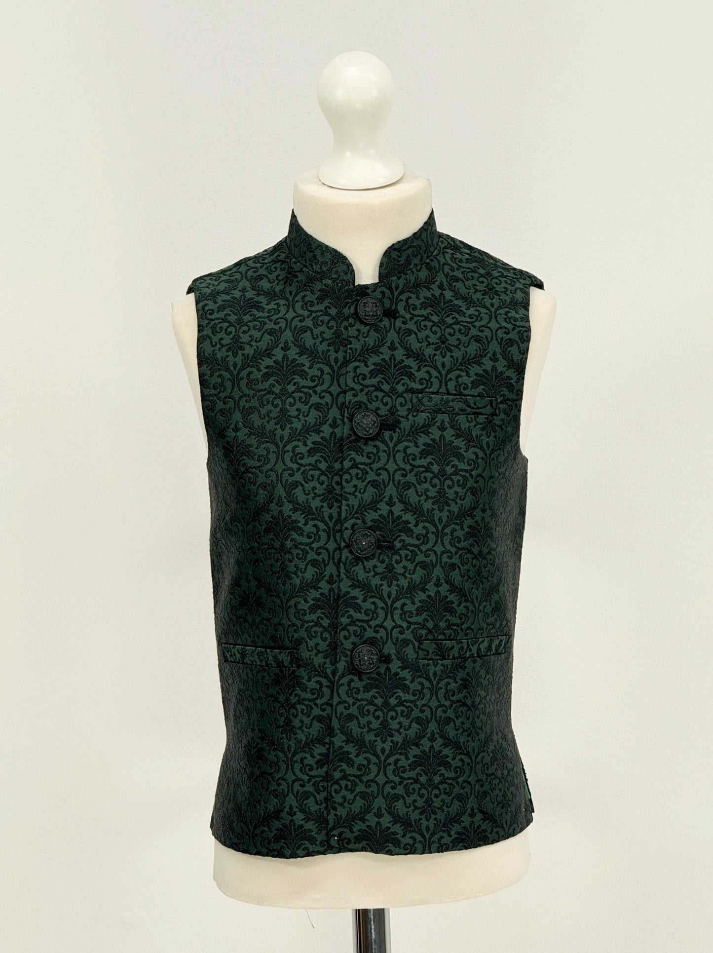 Boys Banarsi Green Black Waistcoat