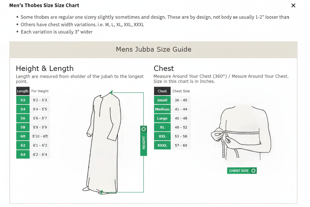 Men's Thobes Size Chart - Sharp